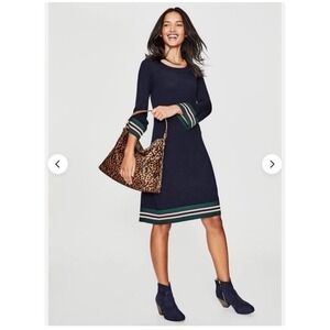 Boden Trudy Knitted Dress Midi Navy Wool Blend Sz 14 Stripe Cuff Hem Work Preppy